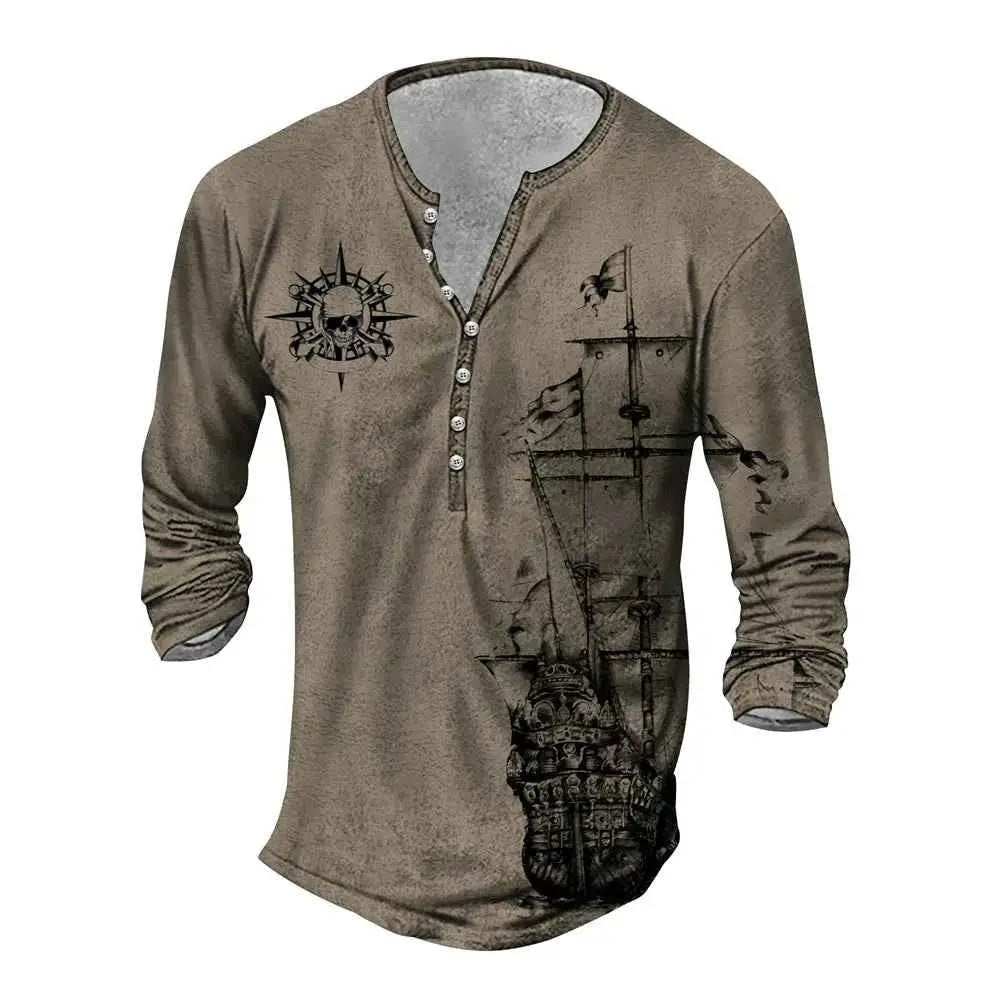 Vintage Men's Compass Graphic Long Sleeve Tee Oversized Streetwear 3D Print For Men