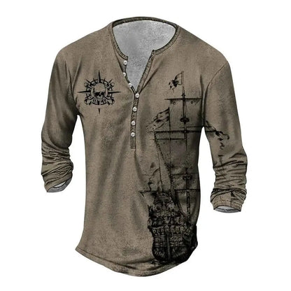Vintage Men's Compass Graphic Long Sleeve Tee Oversized Streetwear 3D Print For Men