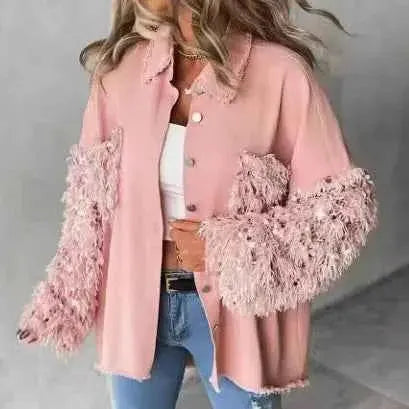 2025 Spring And Autumn Women Loose Casual Denim Shirt Jacket With Sequin Tassels For Everyday Wear