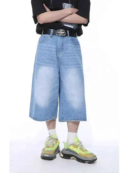 Harajuku Vintage High Waist Black Washed Denim Shorts Womens Streetwear Casual Loose Fit Y2K Mid Long Short
