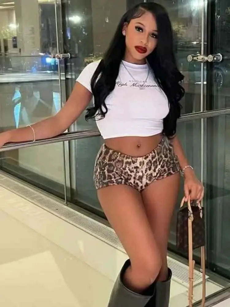 Joskaa Sequins Leopard Print Shorts Women Hipster Low Waist Stretchy Hot Pants Y2K Midnight Club Streetwear Bottoms