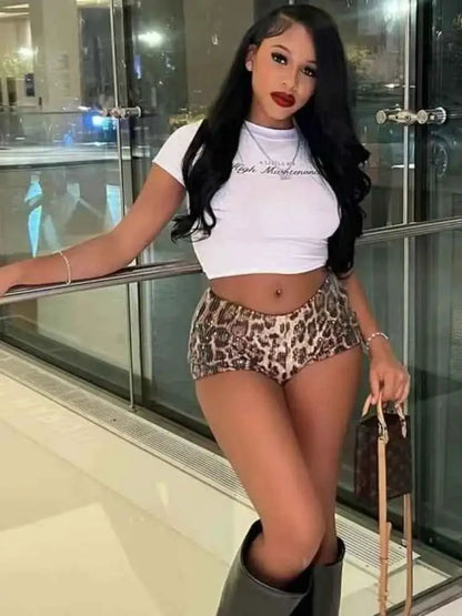 Joskaa Sequins Leopard Print Shorts Women Hipster Low Waist Stretchy Hot Pants Y2K Midnight Club Streetwear Bottoms