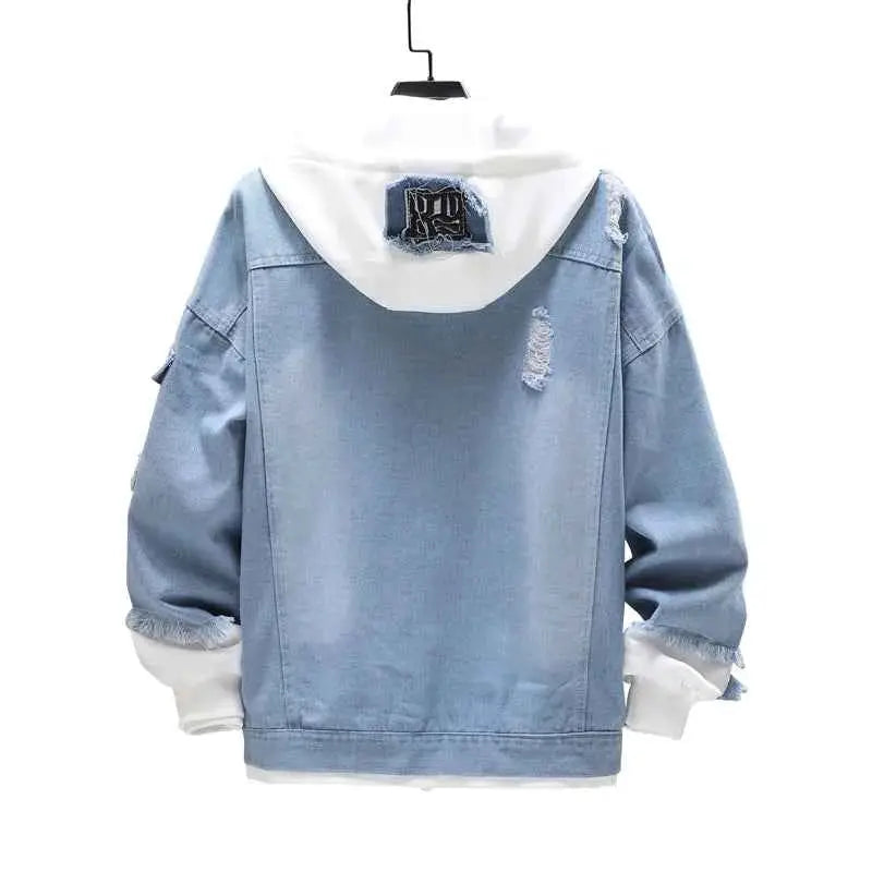 Men Denim Jacket Streetwear Hip Hop Hooded Jean Jacket Casual Loose Outerwear 2023 Spring Fashion Slim Fit