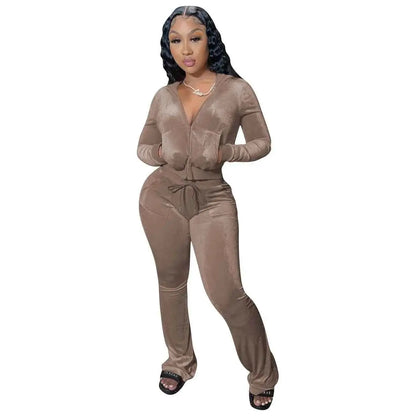 Women Autumn Velour Tracksuit Set Two Piece Zip Up Hooded Jacket Bodycon Flared Pants Jogger Outfit