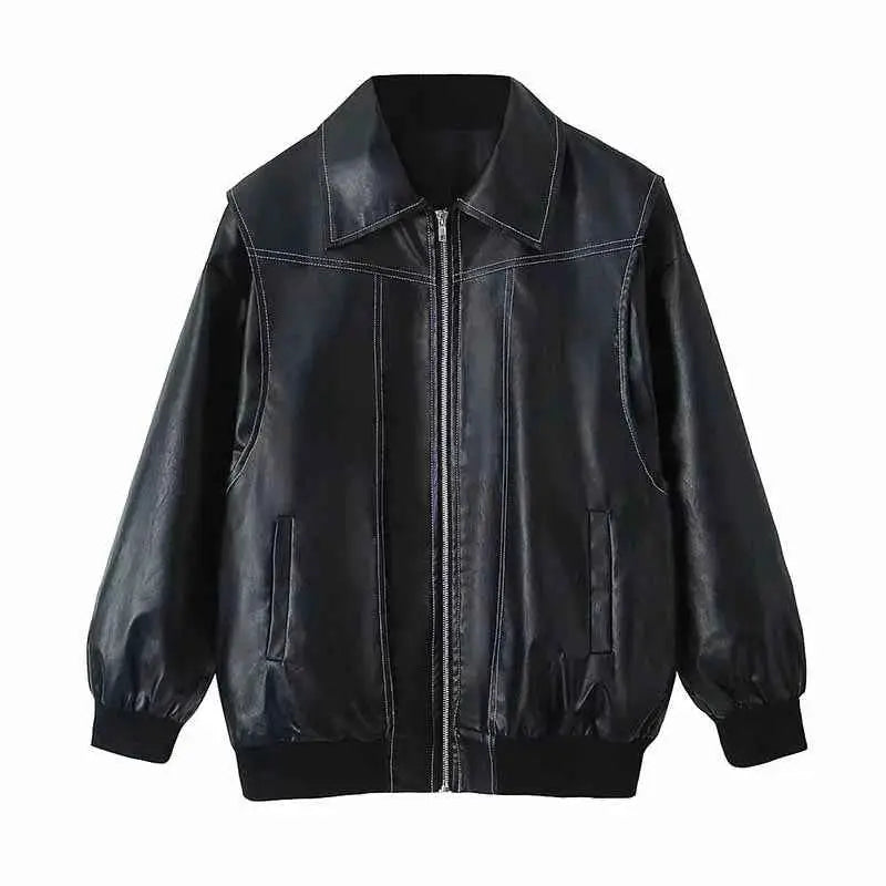 Women PU Leather Jacket Zipper Streetwear Vintage Contrast Stitch Lapel Loose Coat Fall Winter 2024 Trendy