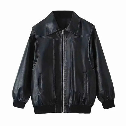 Women PU Leather Jacket Zipper Streetwear Vintage Contrast Stitch Lapel Loose Coat Fall Winter 2024 Trendy