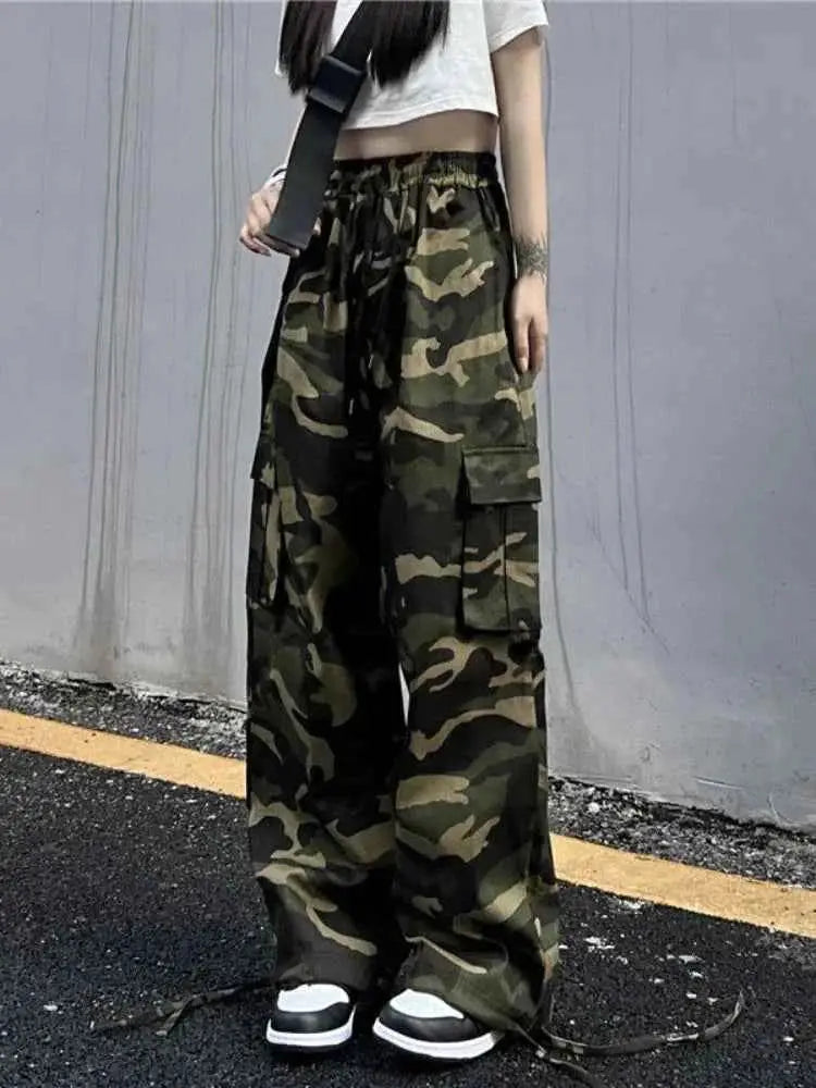 American Vintage Camouflage Cargo Pants For Women Summer Streetwear Loose Straight Wide Leg Trousers