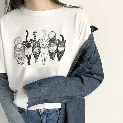 Cat Gang Drawing Womens T Shirt Graphic Tee Soft Cotton Casual Fit For Women TeenStylo