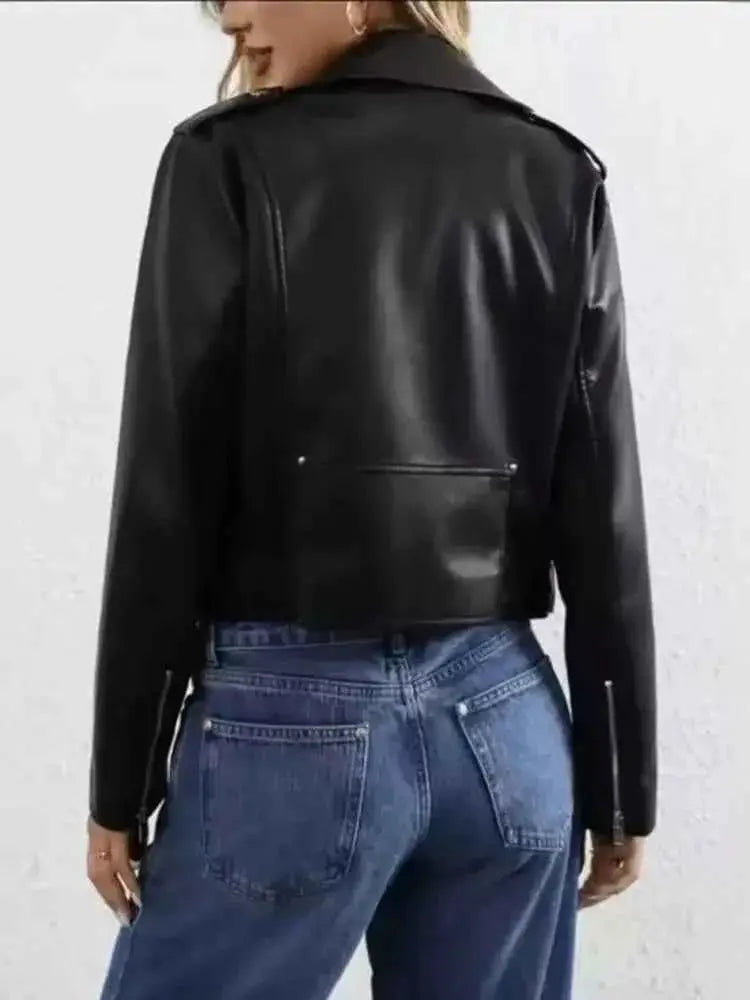 BBWM Faux PU Leather Jacket for Women Short Zipper Lapel Motorcycle Style High Street Coat