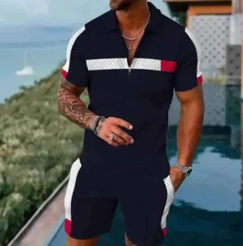 Mens Summer Tracksuit Set 3D Printed Casual Short Sleeve T Shirt With Lapel Zip Polo For Jogging