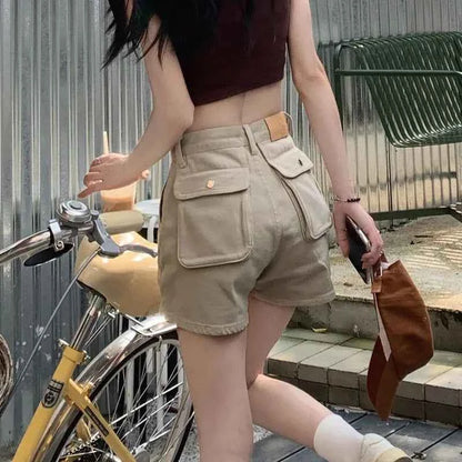 Khaki Pocket Baggy High Waist Cargo Denim Shorts for Women Korean Style Harajuku Summer Fashion