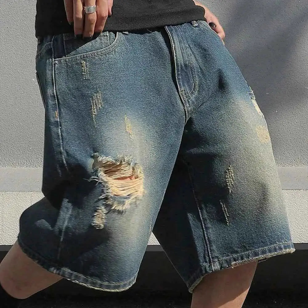 Men's Baggy Denim Shorts Summer Stretch Ripped Knee Length Cargo Pockets Streetwear Casual