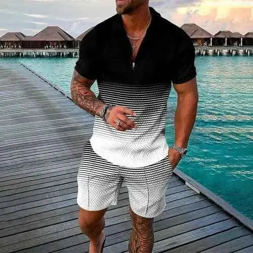 Mens Summer Tracksuit Set 3D Printed Casual Short Sleeve T Shirt With Lapel Zip Polo For Jogging