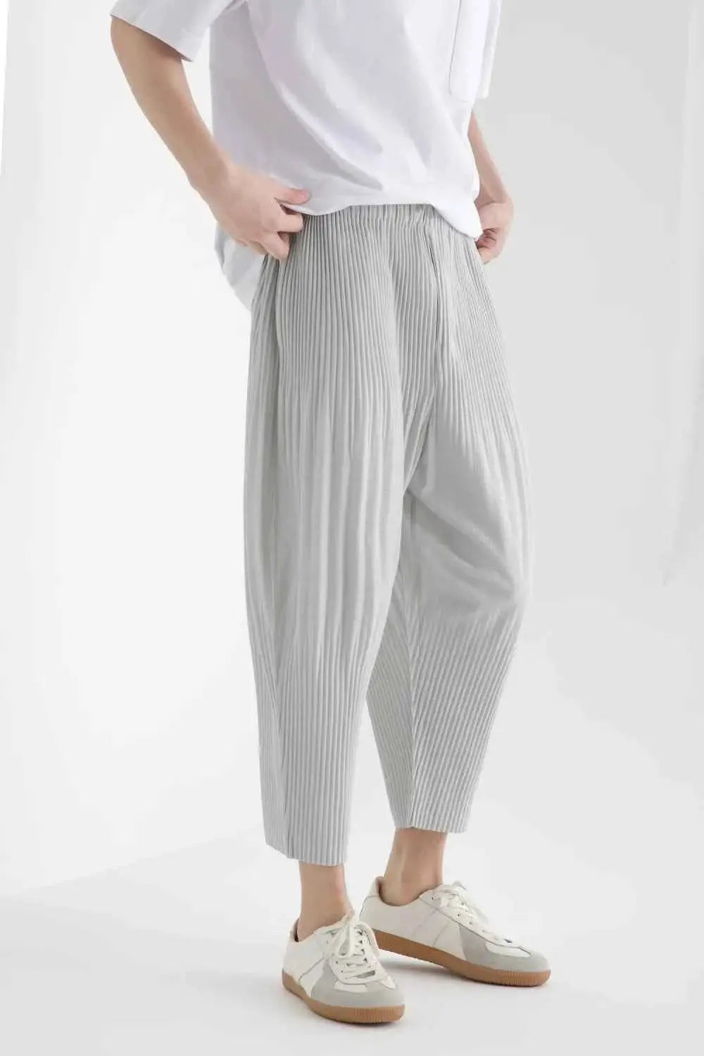 Miyake Pleated Harem Pants For Men Japanese Streetwear Baggy Breathable Low Crotch Trousers