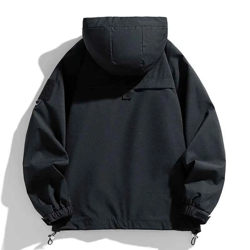 Men's Windbreaker Hooded Jacket Waterproof Softshell Zipper Coat Cargo Pockets Black For Outdoor Hiking Camping