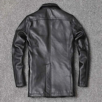 Genuine Leather Jacket For Men Top Layer Cowhide Mid Length Slim Fit Double Breasted Lapel Windbreaker