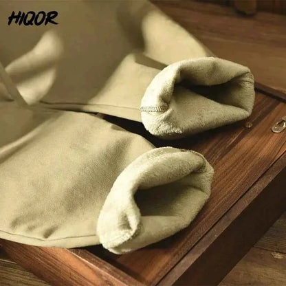 HIQOR Men Cargo Pants Winter 2026 Fleece Warm Khaki Casual Trousers Beading Design Business Pants