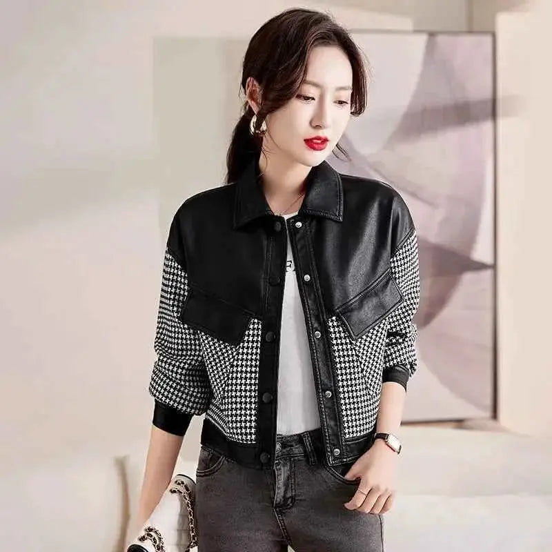 Leather Coat For Women PU Leather Motorcycle Jacket Short Splice Design 2024 Spring Autumn