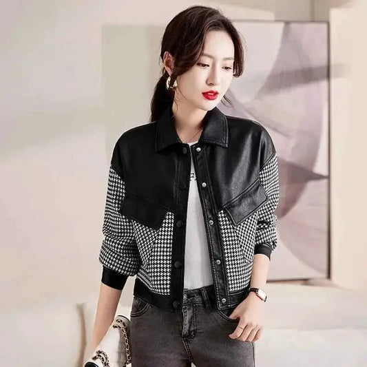 Leather Coat For Women PU Leather Motorcycle Jacket Short Splice Design 2024 Spring Autumn