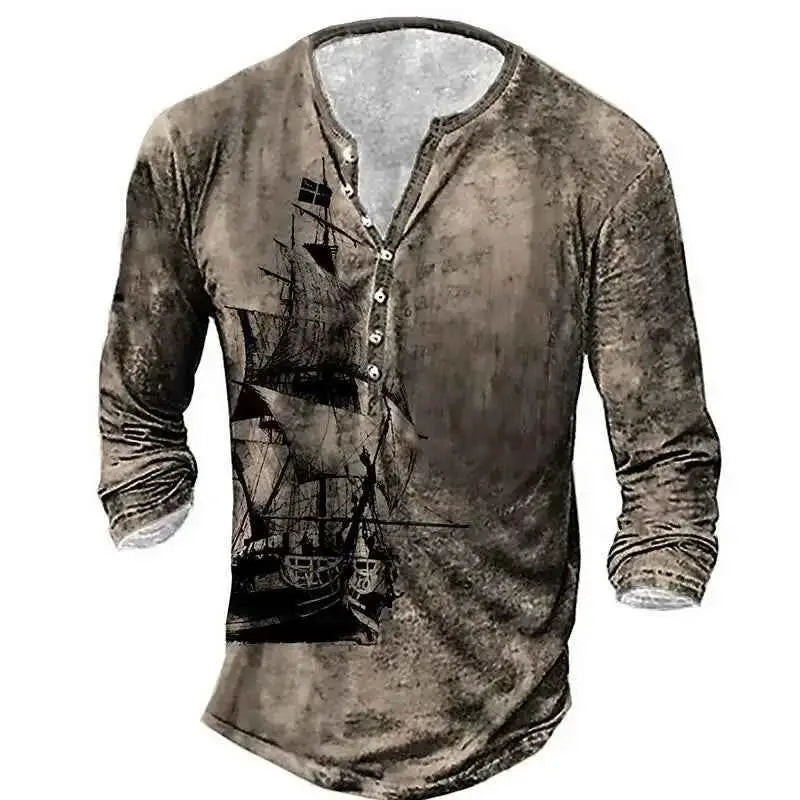 Vintage Men's Compass Graphic Long Sleeve Tee Oversized Streetwear 3D Print For Men