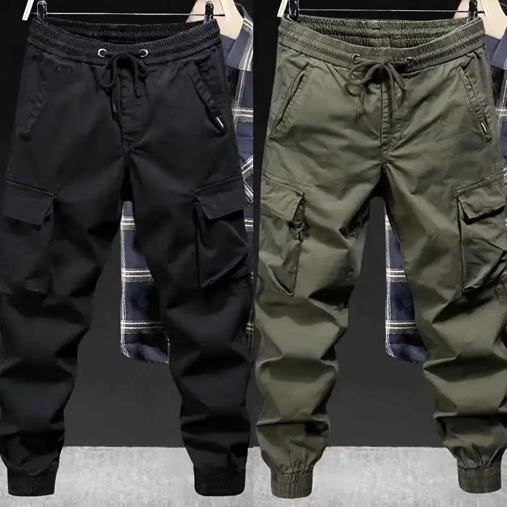Men's Cargo Pants With Multiple Pockets Streetwear Joggers Elastic Drawstring Waist Full Length Plus Size Trousers