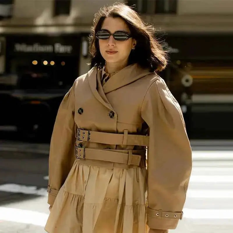 Khaki Women Windbreaker Jacket Double Belt Long Sleeve Lapel Button Casual Streetwear 2025 Autumn Winter