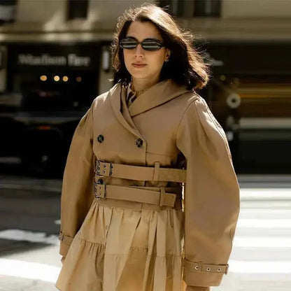Khaki Women Windbreaker Jacket Double Belt Long Sleeve Lapel Button Casual Streetwear 2025 Autumn Winter