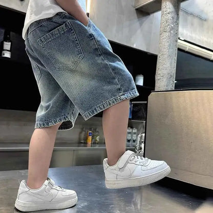 Boys Street Style Ripped Denim Shorts Vintage Wash Casual Summer Shorts With Holes Kids Cool Destroy Bottoms