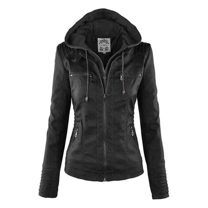 Gothic Faux Leather Jacket Women 2024 Hooded Winter Autumn Motorcycle Outerwear PU Leather Coat Black
