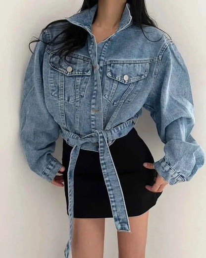 Two Colors Womens Casual Denim Jacket 2025 Spring Long Sleeve Cropped Streetwear For Women And Girls