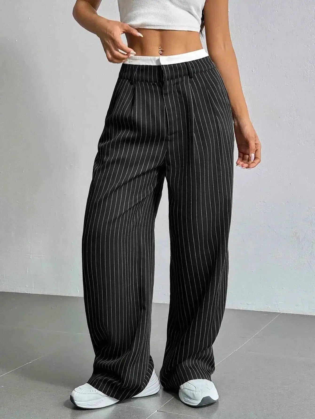 Women Striped Printed Full Length Pants High Waist Loose Wide Leg Trousers Casual Y2K Fashion