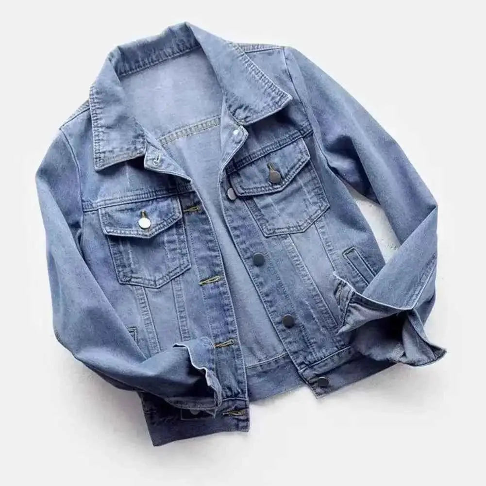 Women Denim Jacket Single Breasted Chest Flap Pocket Long Sleeve Slim Fit Retro Outerwear