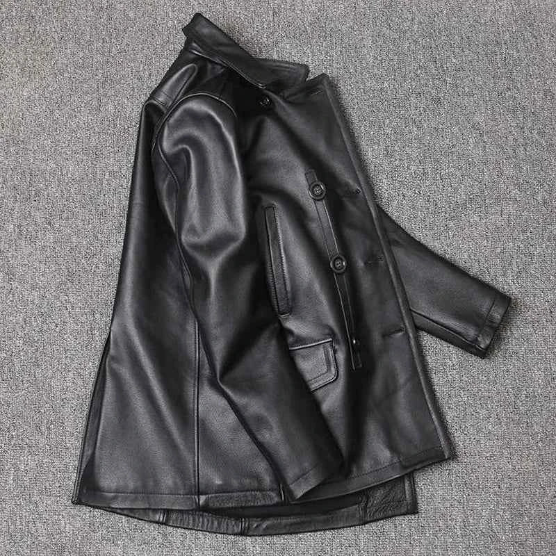 Genuine Leather Jacket For Men Top Layer Cowhide Mid Length Slim Fit Double Breasted Lapel Windbreaker