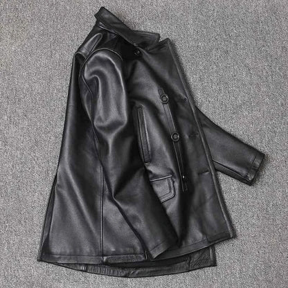 Genuine Leather Jacket For Men Top Layer Cowhide Mid Length Slim Fit Double Breasted Lapel Windbreaker