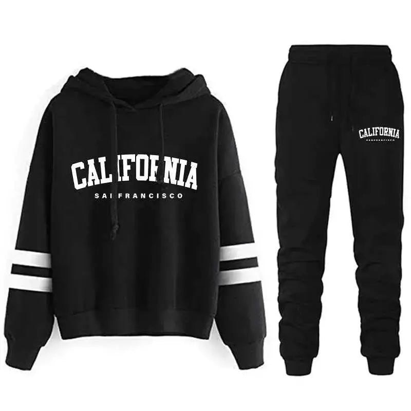 California Womens Tracksuit Set Casual Striped Hooded Sweatshirt and Pants Versatile Streetwear S to 3XL