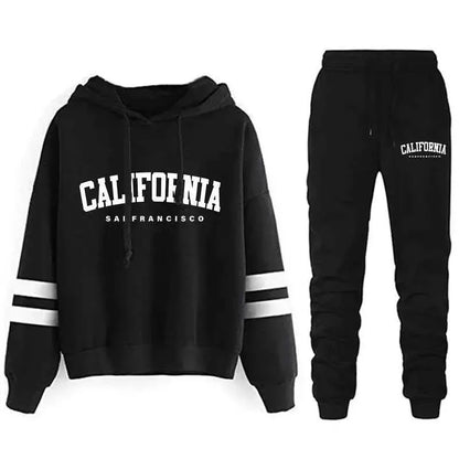 California Womens Tracksuit Set Casual Striped Hooded Sweatshirt and Pants Versatile Streetwear S to 3XL