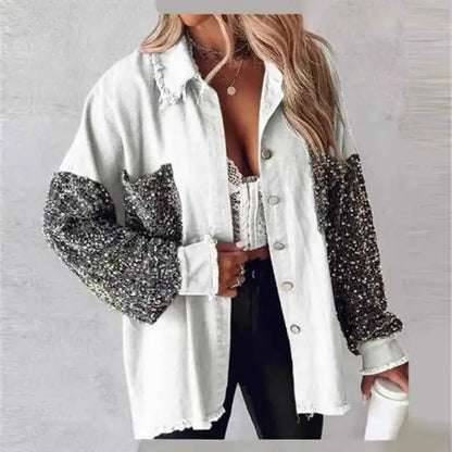 2025 Spring And Autumn Women Loose Casual Denim Shirt Jacket With Sequin Tassels For Everyday Wear