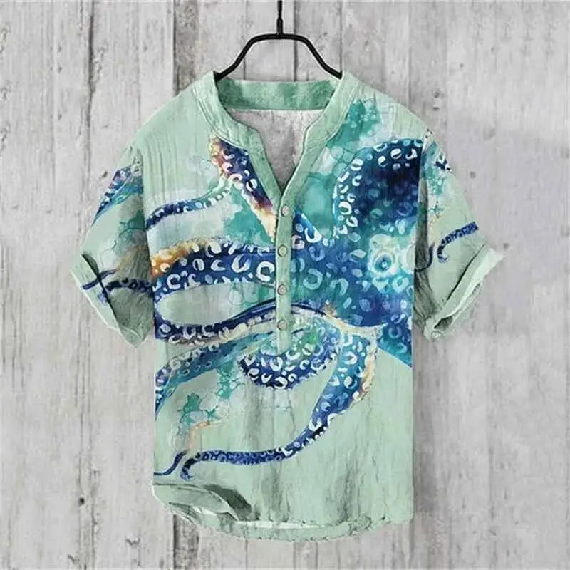Summer Linen Blend Men's V Neck Short Sleeve T Shirt With The Great Wave Off Kanagawa Print