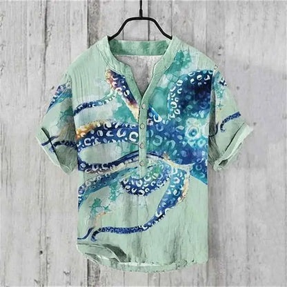 Summer Linen Blend Men's V Neck Short Sleeve T Shirt With The Great Wave Off Kanagawa Print