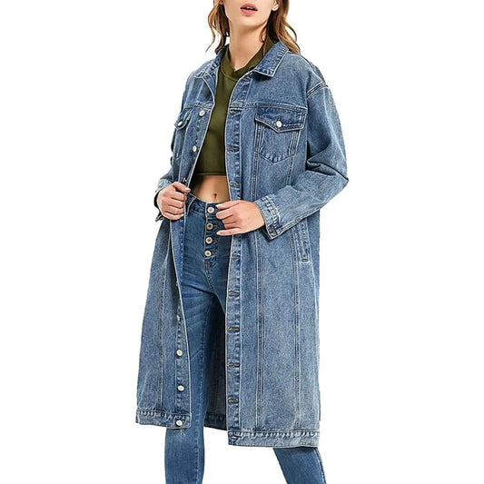 Women's Long Vintage Denim Jacket Slim Fit For Spring And Autumn Casual Streetwear Jeans Coat