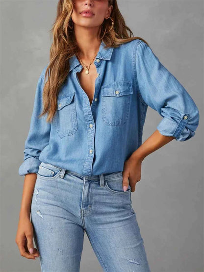 Womens Denim Shirt Solid Color Turn Down Collar Long Sleeve Jean Blouse Spring Casual Streetwear Top for Everyday Wear