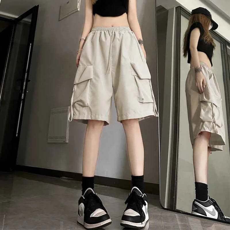 Y2K Cargo Shorts Women Harajuku Black Oversized Wide Leg High Waist Baggy Summer Streetwear New