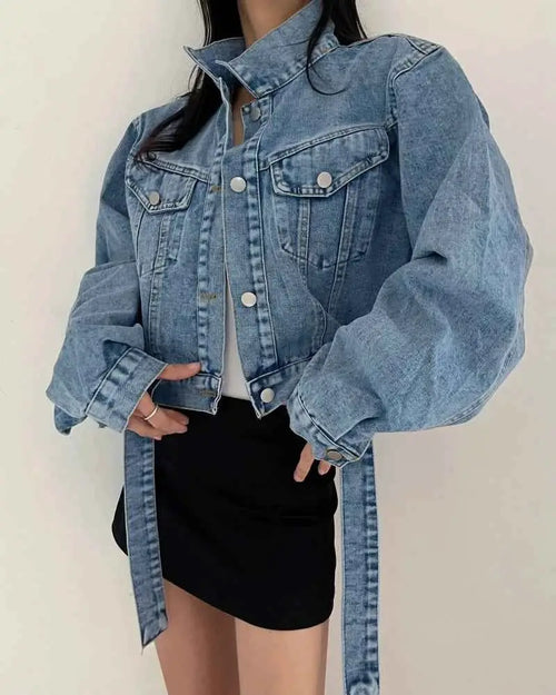 Two Colors Womens Casual Denim Jacket 2025 Spring Long Sleeve Cropped Streetwear For Women And Girls