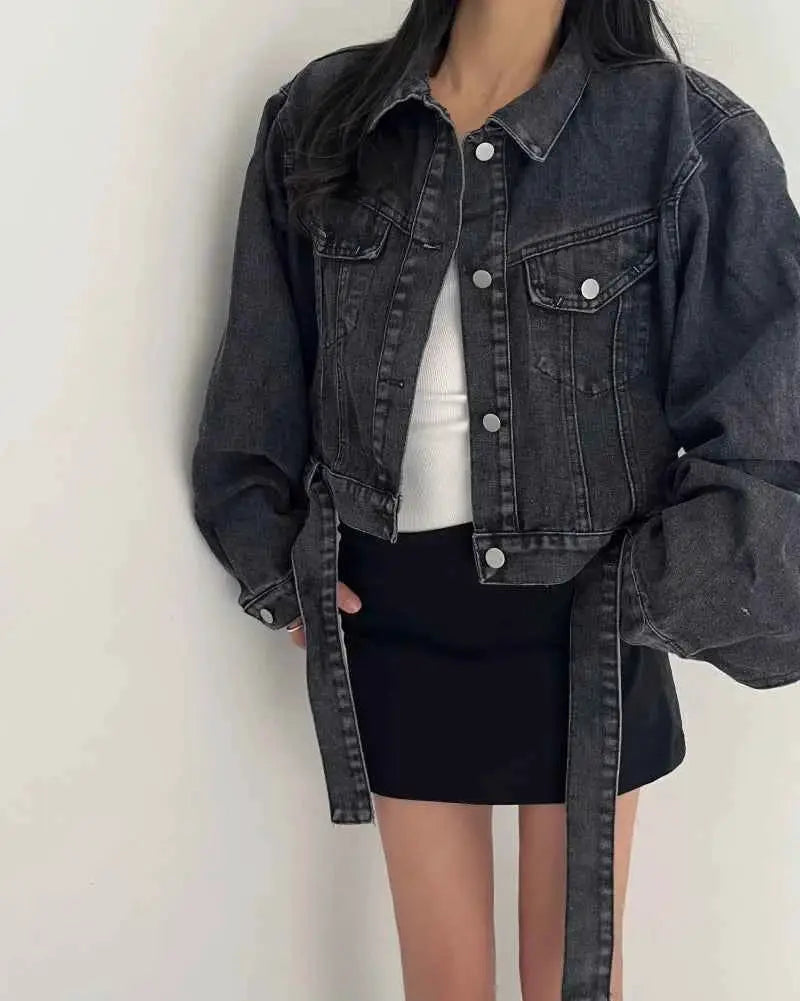 Two Colors Womens Casual Denim Jacket 2025 Spring Long Sleeve Cropped Streetwear For Women And Girls