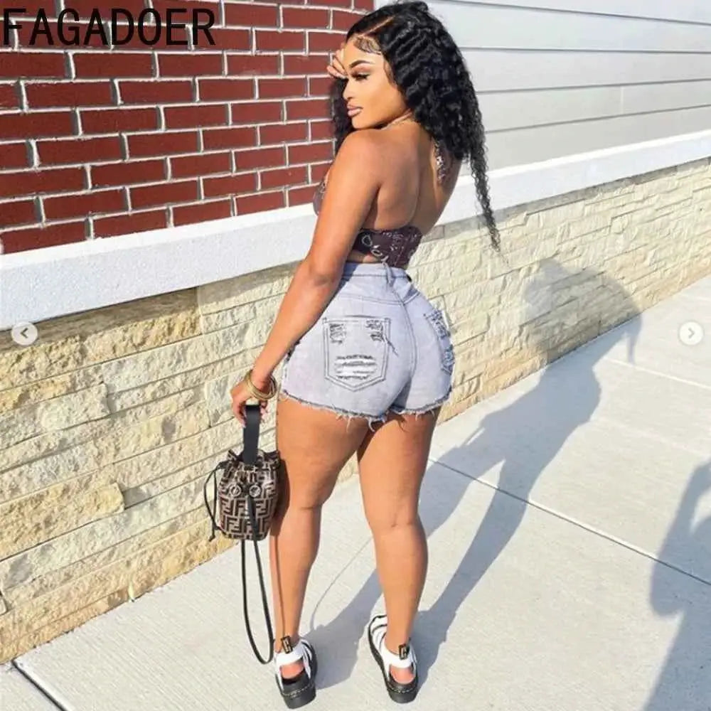 FAGADOER Gray High Waisted Button Denim Shorts For Women Street Style Casual Solid Color Distressed Hole Bottoms 2023