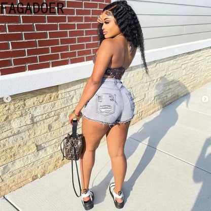 FAGADOER Gray High Waisted Button Denim Shorts For Women Street Style Casual Solid Color Distressed Hole Bottoms 2023
