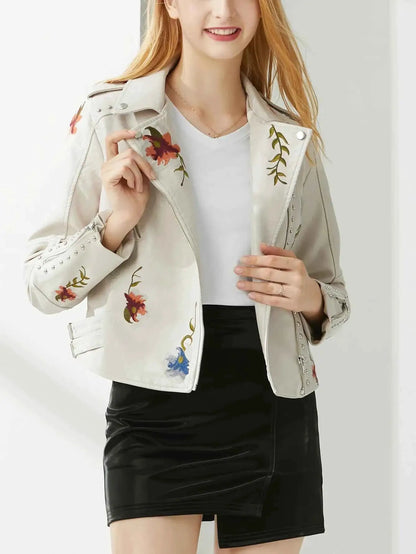 Women Rivet Floral Embroidery Moto Jacket Faux PU Leather Outerwear Black Punk Biker Style