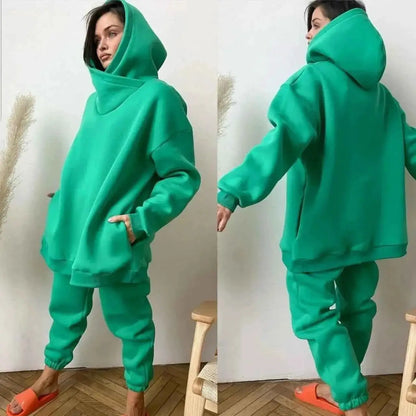 Winter Womens Tracksuit Two Piece Set Solid Long Sleeve Hooded Running Sports Suit Warm Hoodie Sweatpants