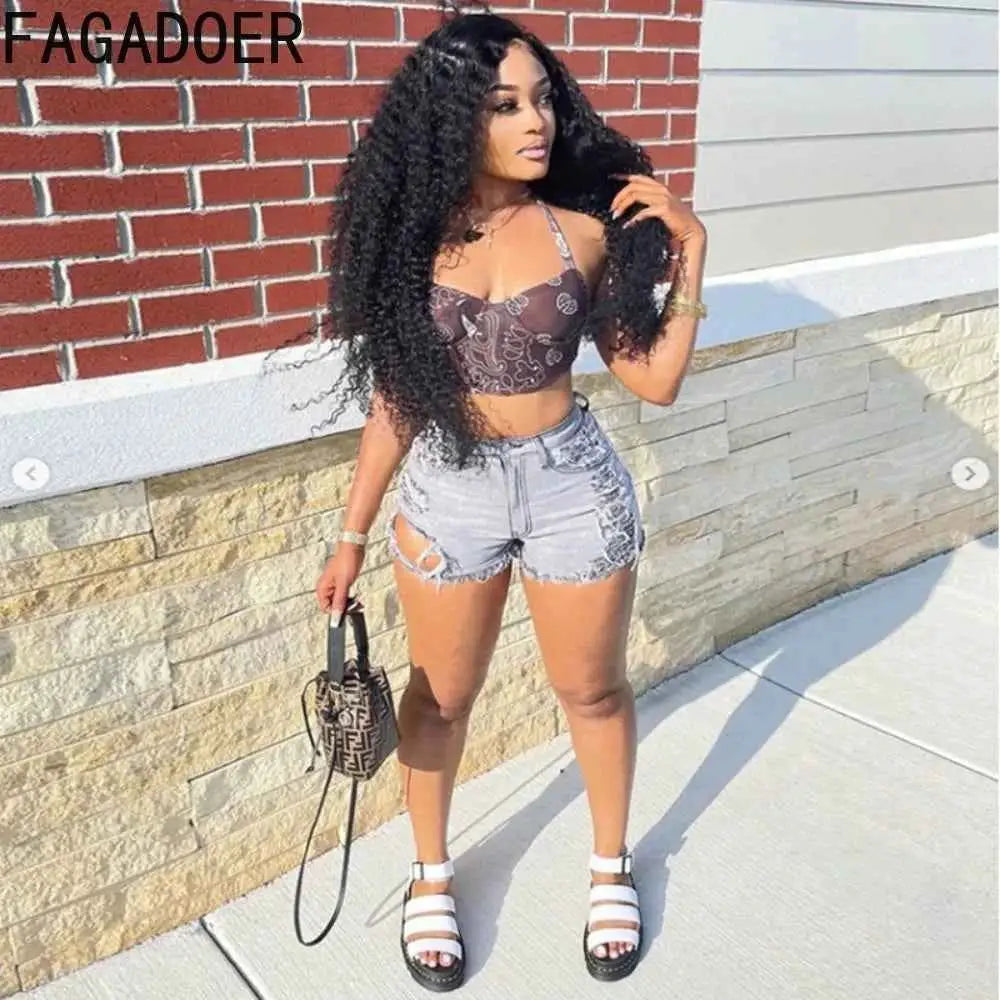 FAGADOER Gray High Waisted Button Denim Shorts For Women Street Style Casual Solid Color Distressed Hole Bottoms 2023