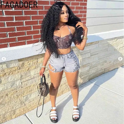 FAGADOER Gray High Waisted Button Denim Shorts For Women Street Style Casual Solid Color Distressed Hole Bottoms 2023
